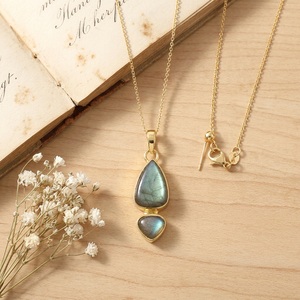 Hip Hop Jewelry Natural Labradorite Pendant Necklace 18k Gold Plated Double Cabochon Gemstone Fashion Chain Necklace For Women - Product Image 5