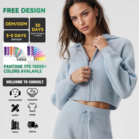 Cardigan court en maille gaufrée en cachemire doux à col en V et fermeture éclair intégrale pour femme, idéal pour le yoga et le sport