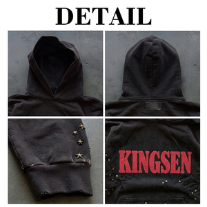 Sweat à capuche zippé vintage épais pour homme, imprimé, style streetwear, effet vieilli, délavé à l'acide, clouté, avec strass - Product Image 6