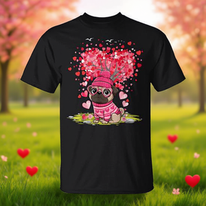 T-Shirt per Amanti dei Cani per San Valentino, Design con Cuore e Albero di Pug per Uso Promozionale - Product Image 3