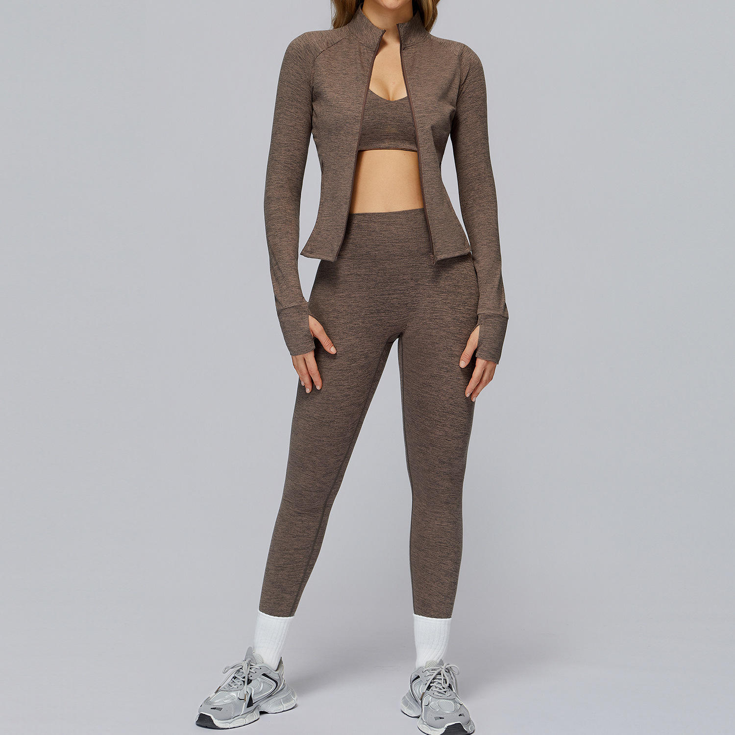 Brown bra+leggings+jacket