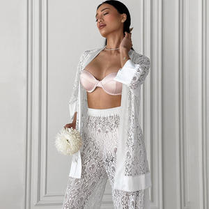 Fabricantes logotipo personalizado pijamas mujeres Sexy hueco Pijamas Color sólido Homewear cárdigan pantalones dos piezas encaje ropa de dormir conjunto - Product Image 2