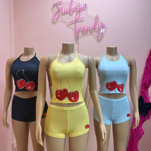 Cherry Print <strong>Shorts</strong> <strong>Suits</strong> <strong>Woman</strong> Summer Trend Halter Backless Tank Tops and Skinny Bottoms Street Sexy Fashion 2 Piece Set - Product Image 1