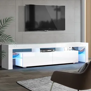 פשוט עיצוב בית ריהוט לבן סלון אחסון ארון זכוכית למעלה עץ טלוויזיה יחידת Stand עם Led אורות