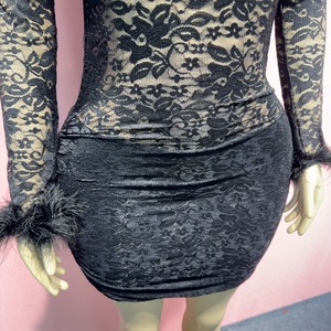 Nouvelle Robe Droite Sexy pour Femme 2026, Longueur Genou, Unie, avec Manches en Dentelle Transparente et Fourrure - Product Image 4
