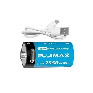 PUJIMAX 1 Pcs Type C Charging Lithium Battery 3.7V 2550mWh USB CR123A Battery 16340 Rechargeable Batteries With Charging Cable