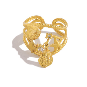 Bague ouverte ajustable en acier inoxydable, style mode, ornée de <span class=keywords><strong>strass</strong></span>, zircon, perle, coquillage, étoile de mer et conque, bijou étanche - Product Image 6
