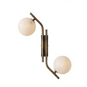 Applique murale moderne en laiton avec deux abat-jour ronds, bras courbé, luminaire mural d'intérieur pour salon - Product Image 2