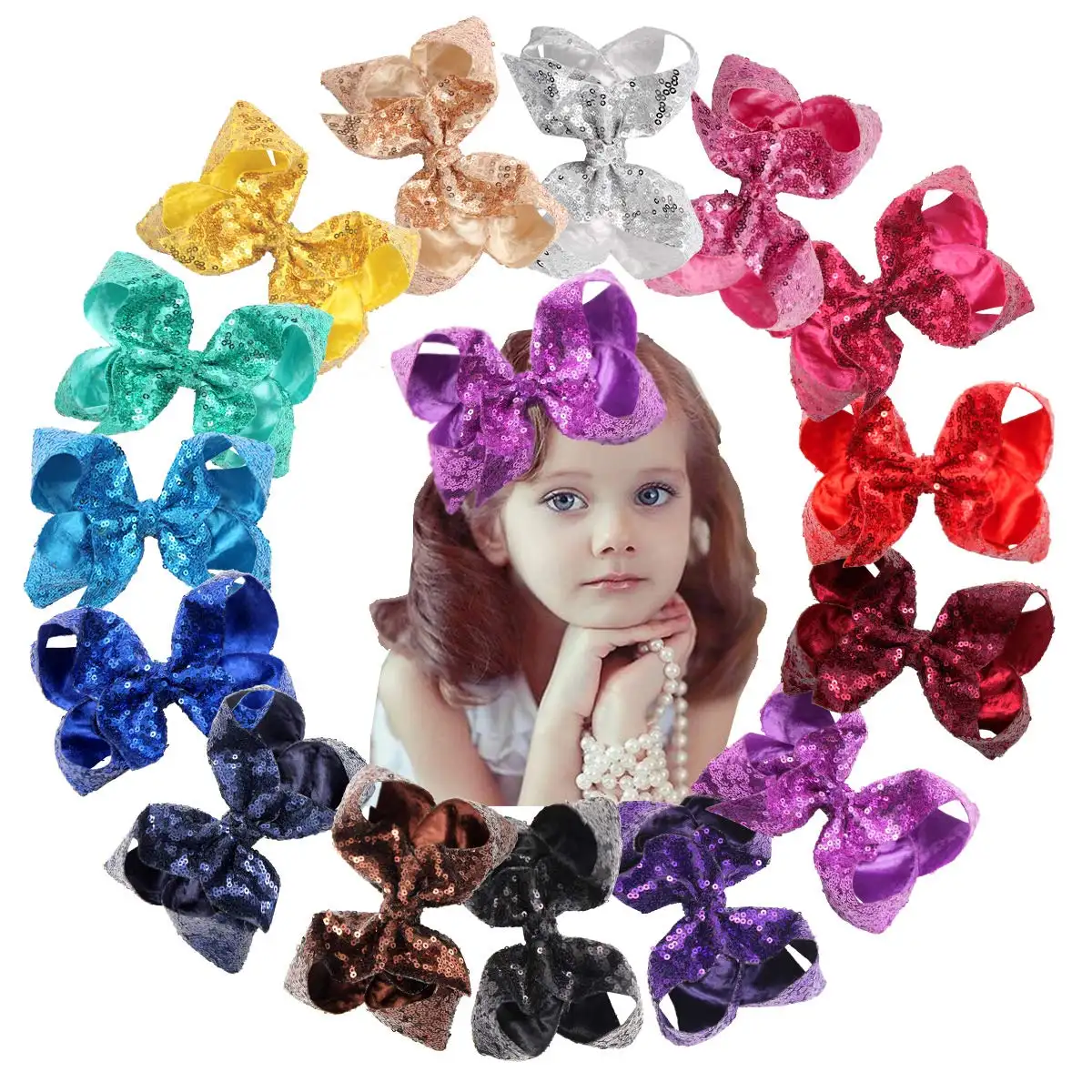 OKAY 12 Colors Wholesale 5 inch Sparkly Sequin glitter hair bows for girls custom