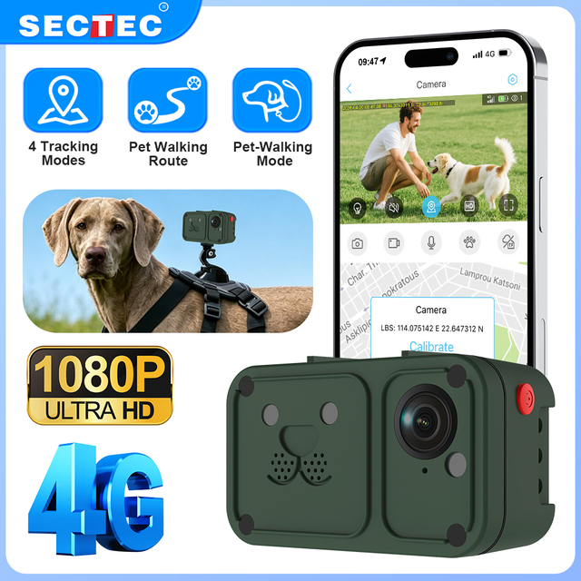 SECTEC Cat Pet Care GPS Activity Detection Tracking 4G Security Camera Waterproof IP66 Battery Audio Dog Sound Light Pet Camera