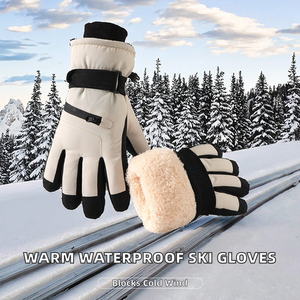 Men Women Plush Lining Leather <b>Full</b> Finger Anti <b>Slip</b> Touchscreen Winter Warm Thermal Waterproof Windproof Adjustable Gloves - Product Image 2