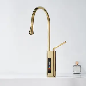 Robinet de lavabo de salle de bains en laiton massif de style Drop Bec pivotant coulissant Robinet de lavabo à cascade à affichage numérique LED