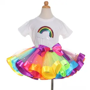 3-11 Years Children Layered Ballet Tulle Rainbow Tutu Skirt for Little Girls Dress Up with Shirt Set