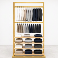 Portant à vêtements double niveau en fer noir avec 4 étagères en bois pour chemises et pantalons – Usage commercial