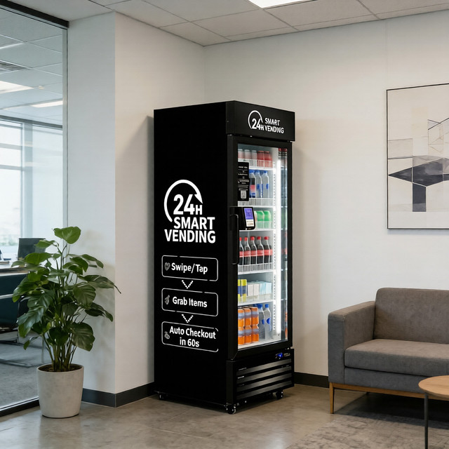 HAHA Vending 360 AI Grab Go Vending Machine QR Code Credit Card Contactless 4G WiFi SDK Remote Monitoring for Office School Gym