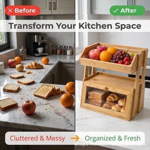 Boîte à pain en bambou, étagère de rangement trapézoïdale à plusieurs niveaux, ventilée, pour organiser le pain et les aliments dans la cuisine - Product Image 4