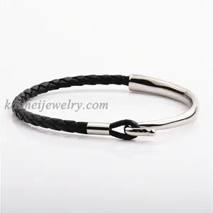 Pulseira de couro trançado masculina, pulseira de aço inoxidável de couro trançado, pulseira, cuir tresse en cuir