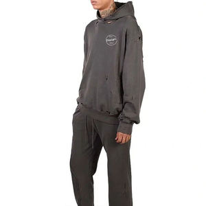 Parches bordados personalizados otoño algodón suelto Casual Street Sports Pullover hombres gota hombro sin bolsillo Sudadera con capucha daño - Product Image 6