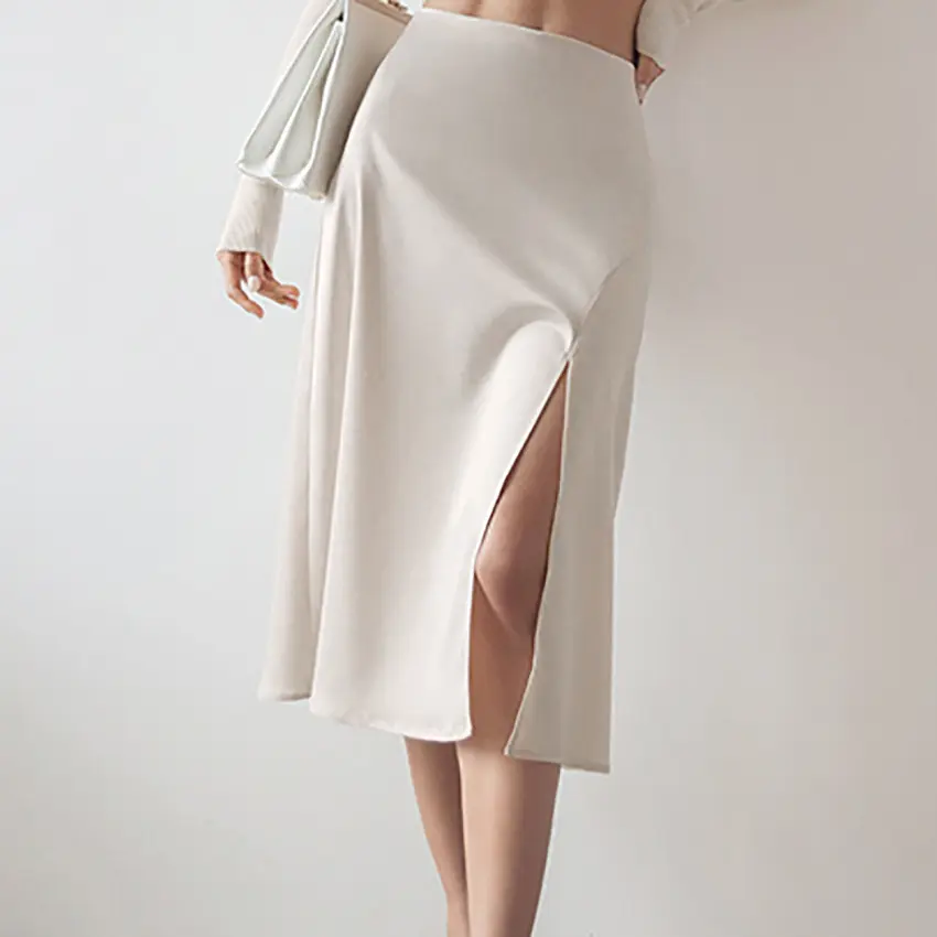2022 कस्टम लोगो गर्मियों नई बैंगनी स्प्लिट लंबी स्कर्ट प्रति सुरुचिपूर्ण आकस्मिक उच्च कमर बुनियादी streetwear साटन एक लाइन मिडी स्कर्ट