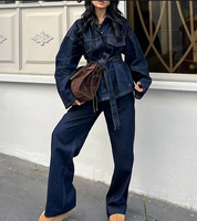 R-568 Tenues pour femmes du Moyen-Orient, ensemble élégant veste en jean à simple boutonnage et pantalon, poches, jean droit, ceinture vintage, Ramadan