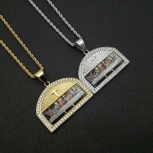 Titanium Steel Gold Plated Diamond Encrusted Thirteen Apostles Pendant Necklace Unisex Gift Jewelry Stainless Steel <b>Cross</b> Shape - Product Image 1
