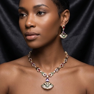 Conjunto de Joyería en Forma de Abanico Chapado en Oro de Moda con Piedras de Circonita Cúbica Coloridas, Collar y Aretes Esmaltados para Regalo de Aniversario o Cumpleaños - Product Image 2
