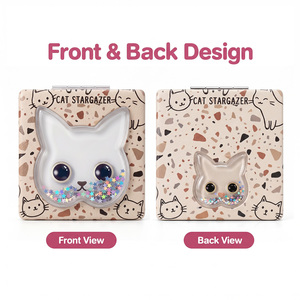Miroir de maquillage de voyage carré double face en verre optique HD avec motif renard aux grands yeux, étoiles flottantes et paillettes, personnalisable - Product Image 2