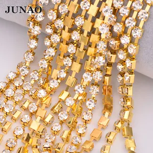 JUNAO SS20 SS24 SS28 SS38 Clear Glass Rhinestones Chain Sewing Me tal Trim Crystal Appliques Strass Ribbon For DIY Jewelry