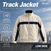 Veste de survêtement rétro vintage coupée et cousue, coupe-vent zippé à rayures beige et marine, personnalisable, OEM ODM, vente en gros, usine