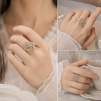 Cincin Statement Wanita Elegan Motif Bunga Kamelia Daun Tembaga Vintage Prancis, Dapat Diatur Ukurannya