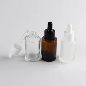 Flacon compte-gouttes en verre ambre clair givré, à épaule plate, bouteille avec pipette de 20ml, 30ml, 50ml, 100ml