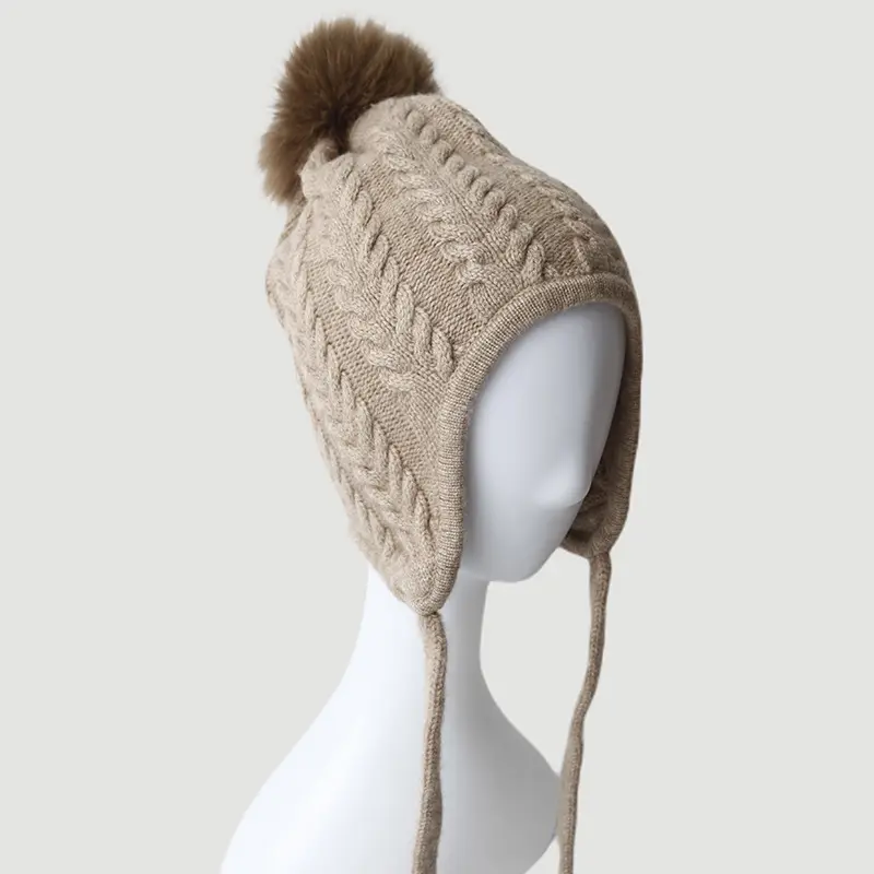 Gorro de lana con orejas para mujer, Gorro con orejas, tejido con cable suave y pompón