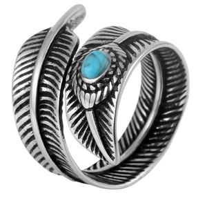 yunnique Men's Feather Shape <b>Titanium</b> Steel <b>Ring</b> With Turquoise Stone Bezel Setting Gift Jewelry - Product Image 5