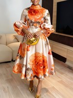 Robe longue d'été élégante et vintage pour femme, respirante, tissée, à manches lanternes, cintrée à la taille, imprimée