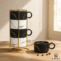 Ensemble de 4 tasses empilables LEXI en céramique avec design marbré doré, couleur et logo personnalisables, 180 ml, compatibles lave-vaisselle et micro-ondes