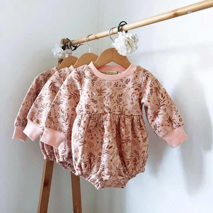 Custom Floral Prints Sweater Cotton Bubble Romper Infant Girls Patched Long Sleeve Onesie
