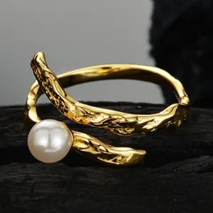 Fashion Baroque Freshwater Pearl Ring Chic Gold Plated Double Layer S925 Sterling Silver Pearl Ring for Girls