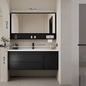 Meuble de salle de bain de style mi-moderne, luxe léger, avec miroir intelligent et plan de travail en céramique noire, finition grain de bois foncé et rangement intégré. - Product Image 5