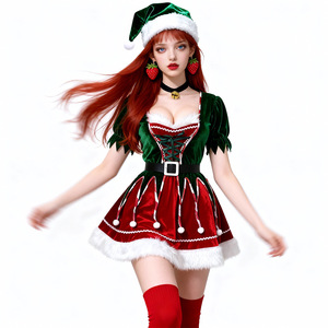 Disfraz de Duende Navideño para Mujer, Vestido Verde de Terciopelo con Sombrero, Cinturón y Collar, Atuendo Sexy para Fiesta de Disfraces - Product Image 1