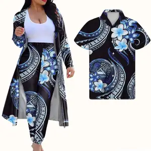 Couple Matching Original Blue Purple Guam Plumeria Print Polynesian Tribal Clothing Women Cloak Trousers Suit Match Men Shirts