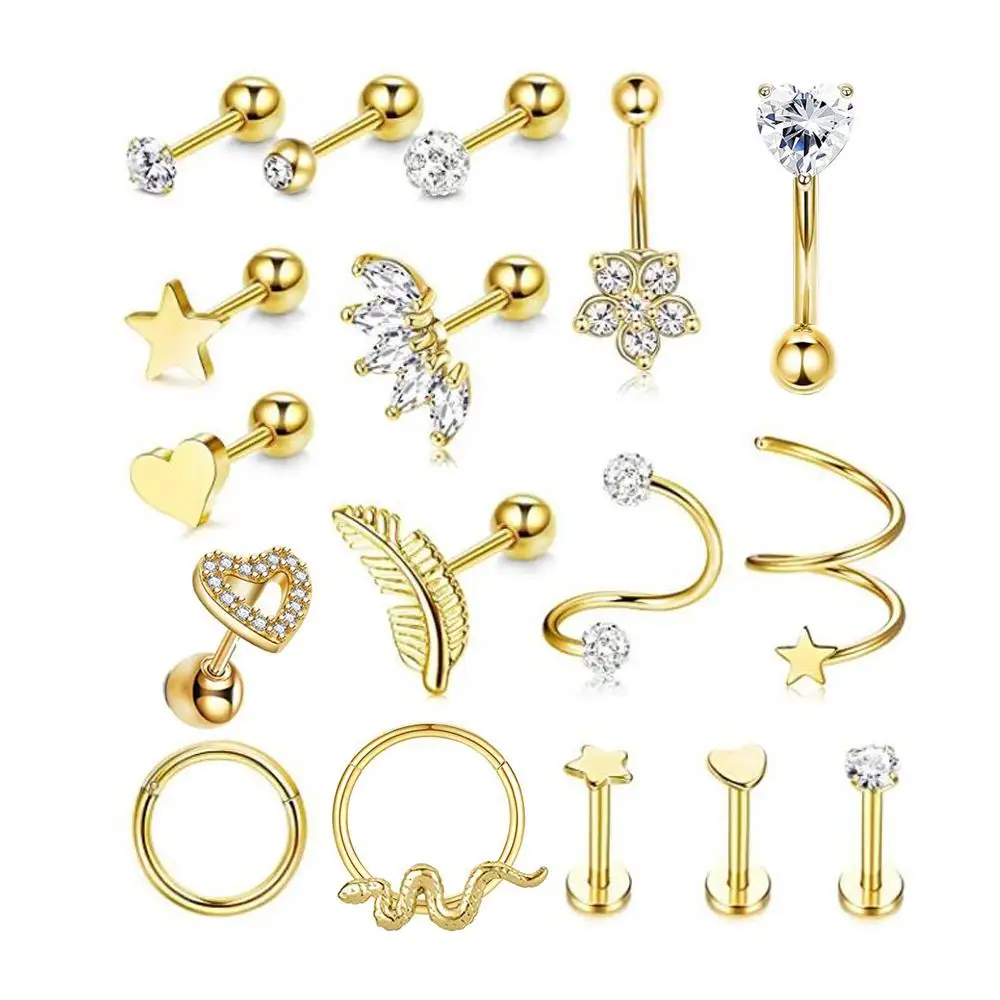 Brave Light Wholesale Fashion Gold Navel Ring Piercing Jewelry 17pieces/set Stainless Steel Zircon Nose Ring Piercing Jewelry Fo