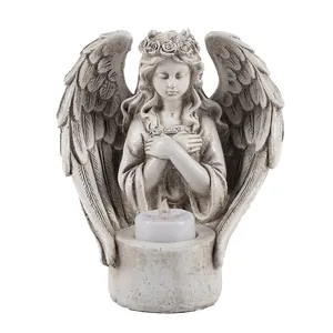 树脂翅膀天使与无焰发光二极管蜡烛记忆装饰7.7英寸