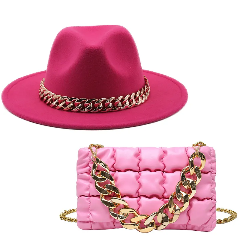 Women's Bag And Hats Set Chain Accessory Bags Solid Color Wool Felt Fedora With Big Gold Chain Fall Colors Winter Black