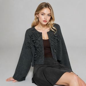 <strong>Women's</strong> Knitted <strong>Jacket</strong> Original Design <strong>Boiled</strong> <strong>Wool</strong> Cardigan, Hand Cut Floral Embossed Pure <strong>Wool</strong> Knitwear - Product Image 2