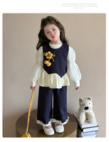Ensemble 3 pièces pour petite fille, tenue de printemps et d'automne, manches longues, pantalon large bleu marine, vêtements pour enfants