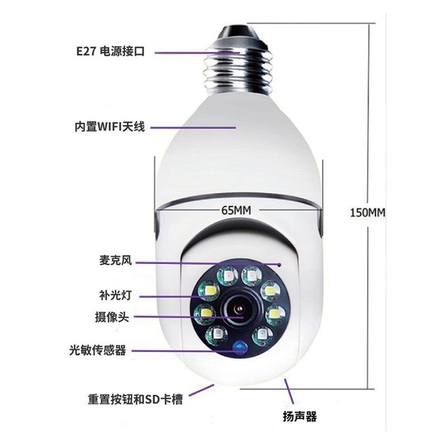 Wireless high-definition remote camera E27 bulb camera night vision dual-light 360-degree home monitoring