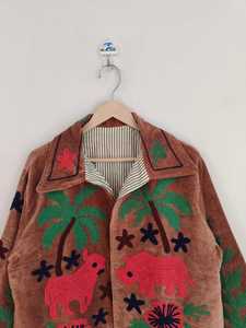 Handcrafted <b>Velvet</b> Suzani Bomber <b>Jacket</b> Brown Boho Embroidery Colorful Animals Flowers Reversible Breathable Eco-Friendly Short - Product Image 2