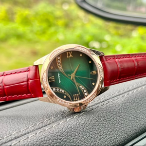 Montres à quartz élégantes avec boîtier rose, accents de chiffres romains, détails en cristal et bracelet en cuir gaufré crocodile Omegaes - Product Image 1