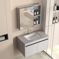 Ensemble de meuble-lavabo de salle de bain moderne avec miroir LED intelligent rectangulaire, armoire en aluminium et vasque en céramique pour projets hôteliers