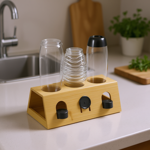 Bottle Holder For 3 Bottles Wood Stand With Lid <b>Storage</b> <b>Kitchen</b> Organization - Product Image 3